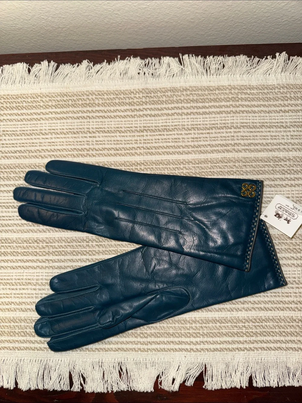 Coach Petrol Leather Cashmere Lined Gloves NWT